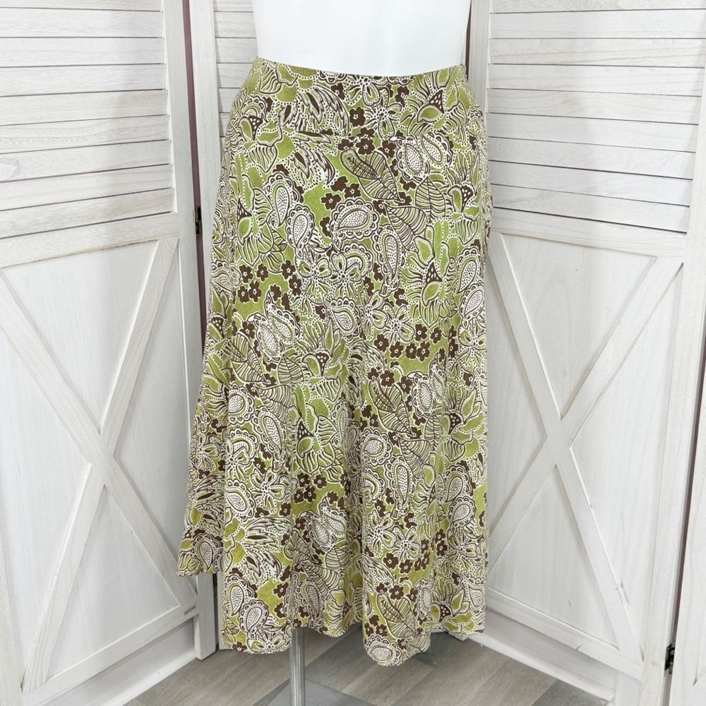 Charter Club Linen Paisley‎ Floral Tropical Midi Skirt Green Brown 10 Flare